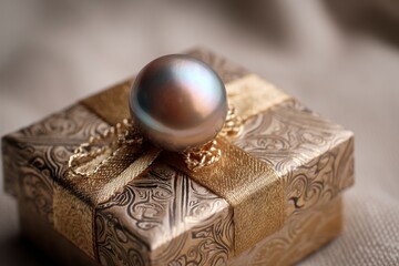 Iridescent Pearl on Gold Gift Box with Ribbon Close Up