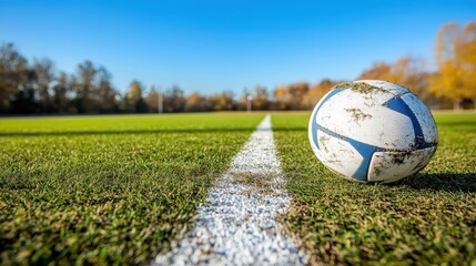 Close-Up View of Rugby Ball on Green Field with Blue Sky Background