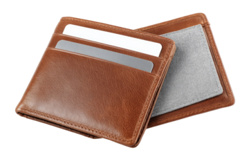 Two open brown leather wallets, showing card slots