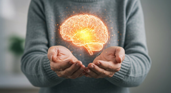 Person Holding Glowing Human Brain Hologram – Artificial Intelligence and Neuroscience Concept