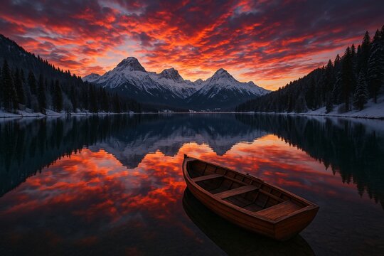 A Rowboat on a Serene Alpine Lake with a Dramatic Fiery Sunset