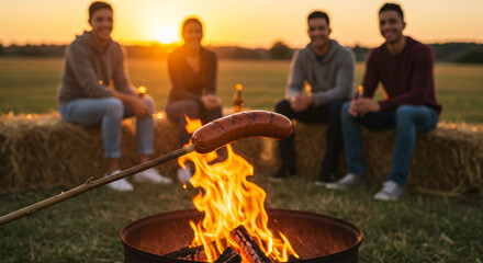 Group of friends enjoying barbecue with sausages by sunset in autumn, fall
