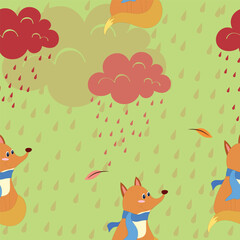 Vector background pattern of fox in rainy season