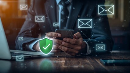 Businessman using smartphone with digital security shield and email icons