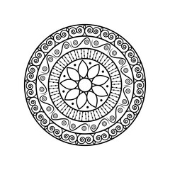 Black and White Mandala Vector Illustration with Intricate Geometric Symmetrical Zentangle-Inspired Pattern for Coloring and Decorative Art

