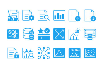 data science icon set in flat blue filled style. sql query and database management symbol pack. data pipeline and governance sign bundle. data cleaning and audit icon set for business intelligence