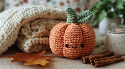 Fototapeta premium Cozy autumn scene with crochet pumpkin, knit blanket, and cinnamon sticks