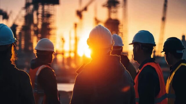Silhouette of construction worker and engineer team with hard hats at sunset