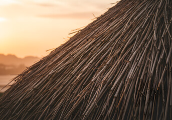 Close-up of a thatched roof with a blurred landscape and a warm sunset sky in the background.