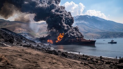 Fototapeta premium cargo ship loaded with containers burning in a port, with thick black smoke billowing upward like a flower and a volcano covering the deck of the ship