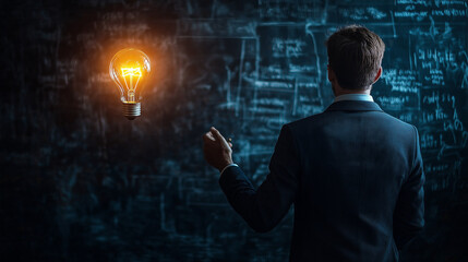 Innovative businessman inspired by glowing lightbulb, brainstorming ideas against a chalkboard with formulas