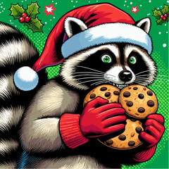 Cartoon raccoon with Santa hat and cookies in paws on green vector pop art background