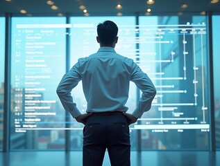 Businessman Analyzing Gantt Chart on Futuristic Transparent Screen