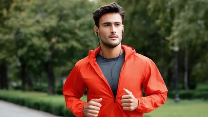 Young male athlete running in park wearing earphones