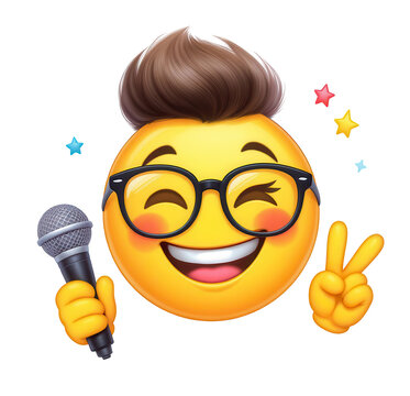 Emoticon sorridente con microfono, occhiali e segno di vittoria. Generative AI