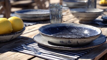 Fototapeta premium Rustic outdoor dining table setting with gray pottery plates, lemons, and striped napkins