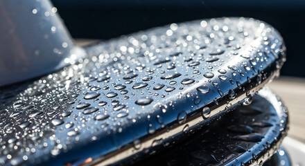 A detailed macro shot of glistening water drops beading on the polished metal windlass of a modern sailing yacht.