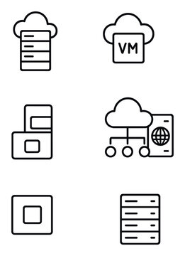 Cloud Infrastructure Icons. Outline icon set of cloud infrastructure: data center, virtual machine, hypervisor