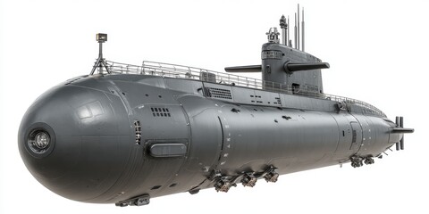 Obraz premium Isolated Gray Submarine Floating with Torpedoes Ready for Underwater Missions