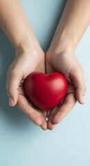 Fototapeta premium Two hands gently hold a red heart, showcasing care and love, symbolizing Valentine's Day, compassion, or charity Free space above