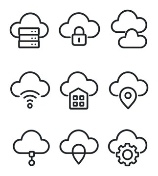 Cloud Deployment Icons. Outline icon set of cloud deployment models: public cloud, private cloud, hybrid cloud
