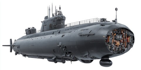Obraz premium Detailed Submarine Illustration in Gray Tones on White Background