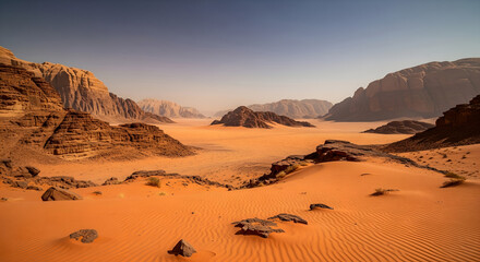 Planet Mars like arid landscape in Wadi Rum desert, Jordan, barren countryside with only rocks and sand