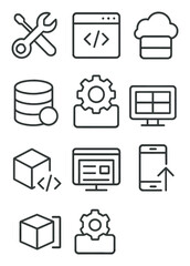 PaaS Platform Icons. Outline icon set of PaaS platform: dev tools, runtime environment, app host, database