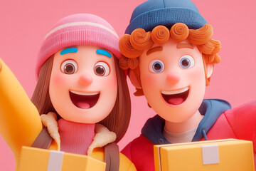 3D Cartoon Kids in Winter Outfits Delivering a Package with Smiles