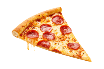 Template with delicious tasty slice of pepperoni pizza flying on white background. 