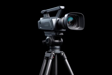 Professional Camcorder on Tripod Capturing Video in Studio with Black Background