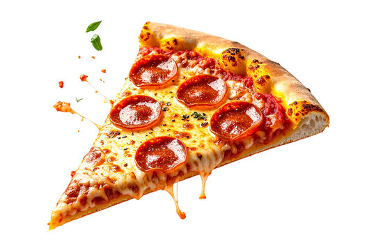 Template with delicious tasty slice of pepperoni pizza flying on white background. 
