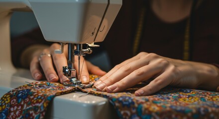 Close-up of a sewing machine in operation, with hands guiding floral fabric under the needle. The machine is white, fabric colorful.