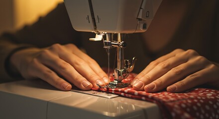 Close-up of a sewing machine in operation, with hands guiding red patterned fabric under the needle. Warm, soft lighting.