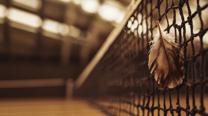 Feather Caught in Tennis Net Inside Indoor Sports Recreation Area