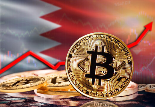 Bitcoin with Bahrain flag in the background. Investors in cryptocurrency and Blockchain Technology in Bahrain, Concept