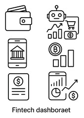 Fintech Dashboard Icons. Outline icon set of fintech dashboard charts: digital wallet, robo advisor, payment