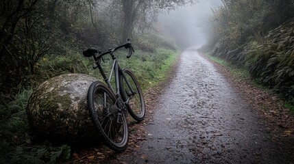 Obraz premium Bicycle Leaning Against Rock on Foggy Trail in Forest Environment