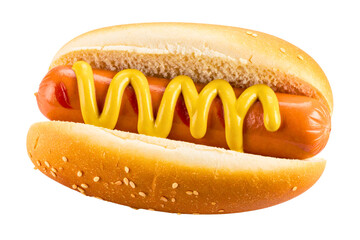 Classic hot dog with a zigzag of mustard on a soft bun isolated on white background with clipping path