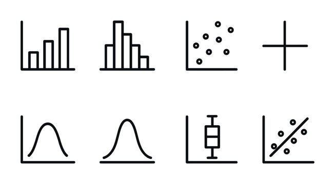 Statistics Icons Set. Outline icon set of statistics in research: bar chart, histogram, scatter plot,
