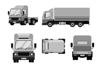 Truck vector illustration of various views for vehicles transport and delivery services design needs on transparent background