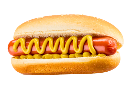 Classic hot dog with a zigzag of mustard on a soft bun isolated on white background with clipping path