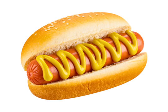 Classic hot dog with a zigzag of mustard on a soft bun isolated on white background with clipping path