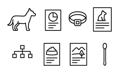 Zoology Research Icons. Outline icon set of zoology research: animal icon, habitat chart, tracking collar,