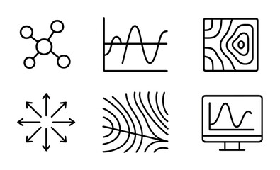 Modern Scientific Icons. Outline icon set of scientific visualization: 3D molecule, simulation chart, heat map