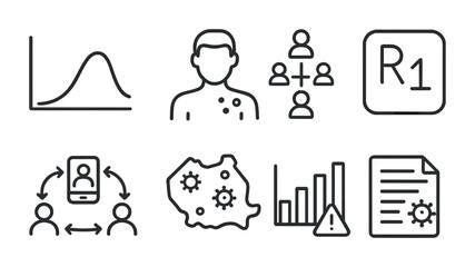 Epidemiology Icon Set. Outline icon set of epidemiology research: infection curve, patient icon, spread model,