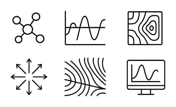 Modern Scientific Icons. Outline icon set of scientific visualization: 3D molecule, simulation chart, heat map