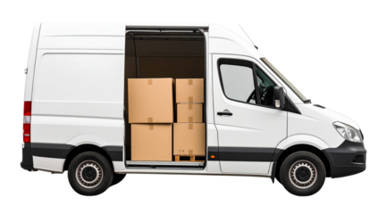 Delivery white van or truck with space for text isolated over white background. PNG
