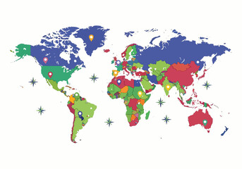 Fototapeta premium World Map with Colorful Markers and Compass Symbols