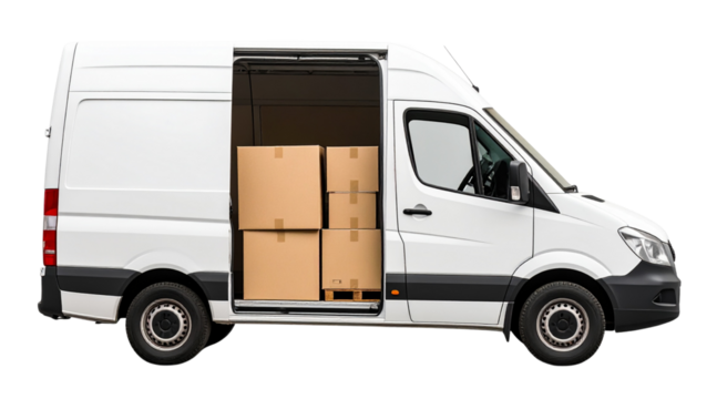 Delivery white van or truck with space for text isolated over white background. PNG